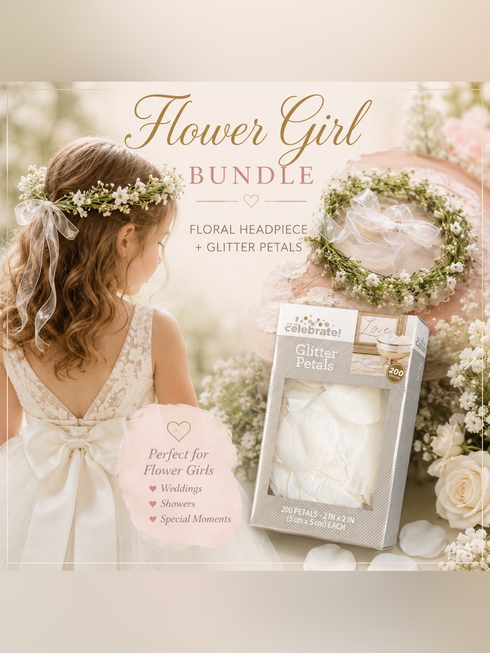 Flower Girl Wedding Bundle – Floral Headpiece + White Glitter Petals 200 count